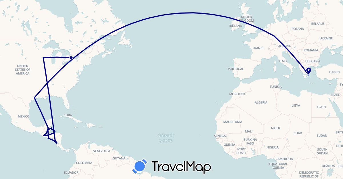TravelMap itinerary: driving in Belize, Canada, Germany, Greece, Guatemala, Honduras, Nicaragua, El Salvador, United States (Europe, North America)